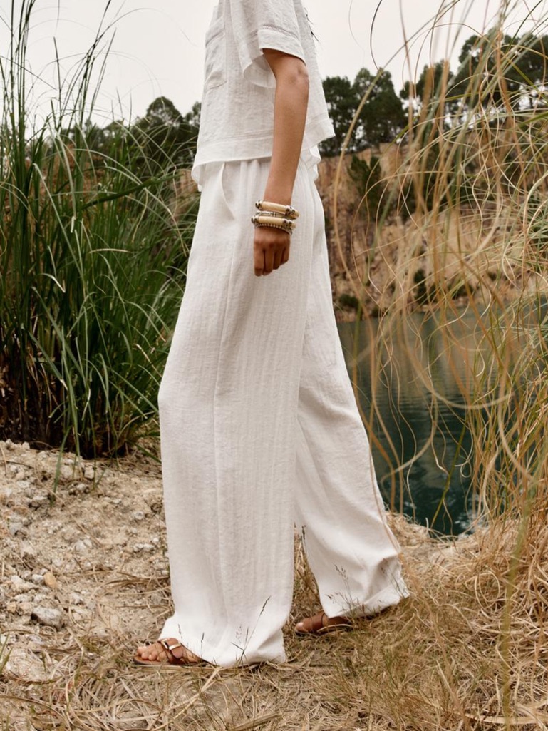 Zara Nwt White Rustic Wide Leg Trousers 8330/741